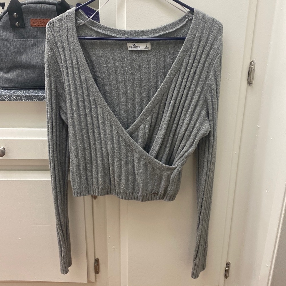 Grey crop wrap sweater